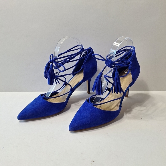 Marc Fisher NWOB Blue Preppy Retro Suede Pointed Toe Strappy Lace Up Heels Sz.8 - Picture 6 of 11
